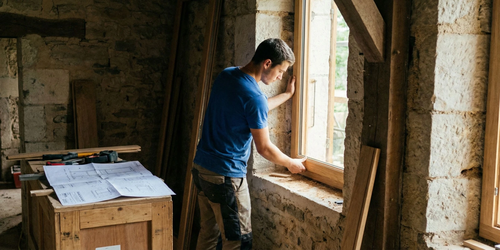 Passer le CAP Menuisier Installateur en Candidat Libre : Guide Complet Menuisier installateur posant une fenêtre en bois sur un chantier de rénovation