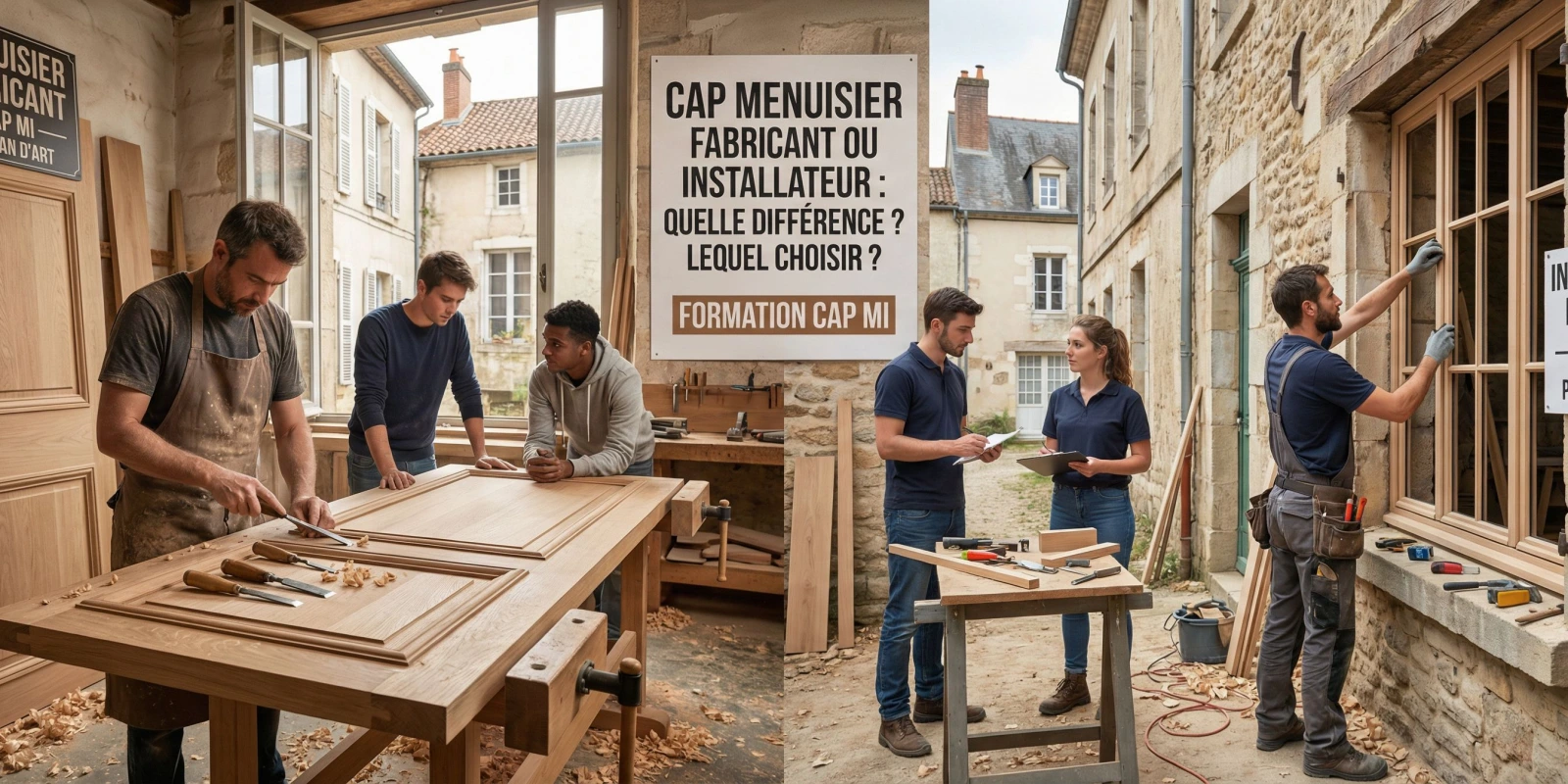 CAP Menuisier Fabricant ou Installateur : Quelle Différence ? Lequel Choisir ? Atelier de menuiserie avec machines et chantier de pose illustrant les deux CAP